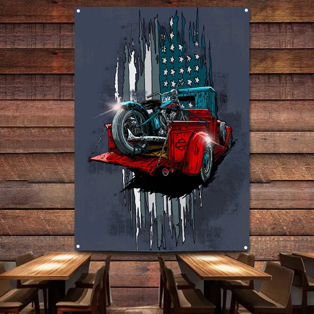 Auto Repair Shop Banners - Мотоцикл на автомобиле, художественный постер, настенная